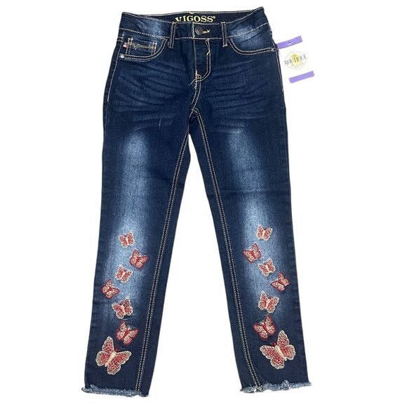 Vigoss Girls 10 The Austin Ankle Skinny Jeans Butterfly Embroidery Raw Hem Denim - Picture 1 of 15